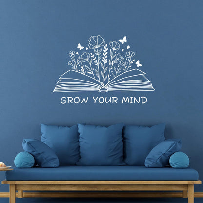 Fine Carving Decals Grow Your Mind Library Slogan Open Book Flowers Wall Beautification