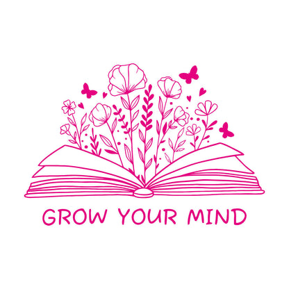 Fine Carving Decals Grow Your Mind Library Slogan Open Book Flowers Wall Beautification