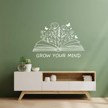 Fine Carving Decals Grow Your Mind Library Slogan Open Book Flowers Wall Beautification