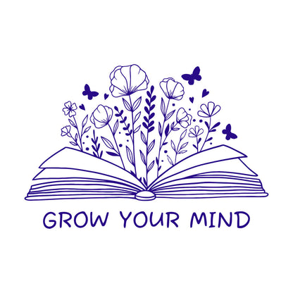 Fine Carving Decals Grow Your Mind Library Slogan Open Book Flowers Wall Beautification