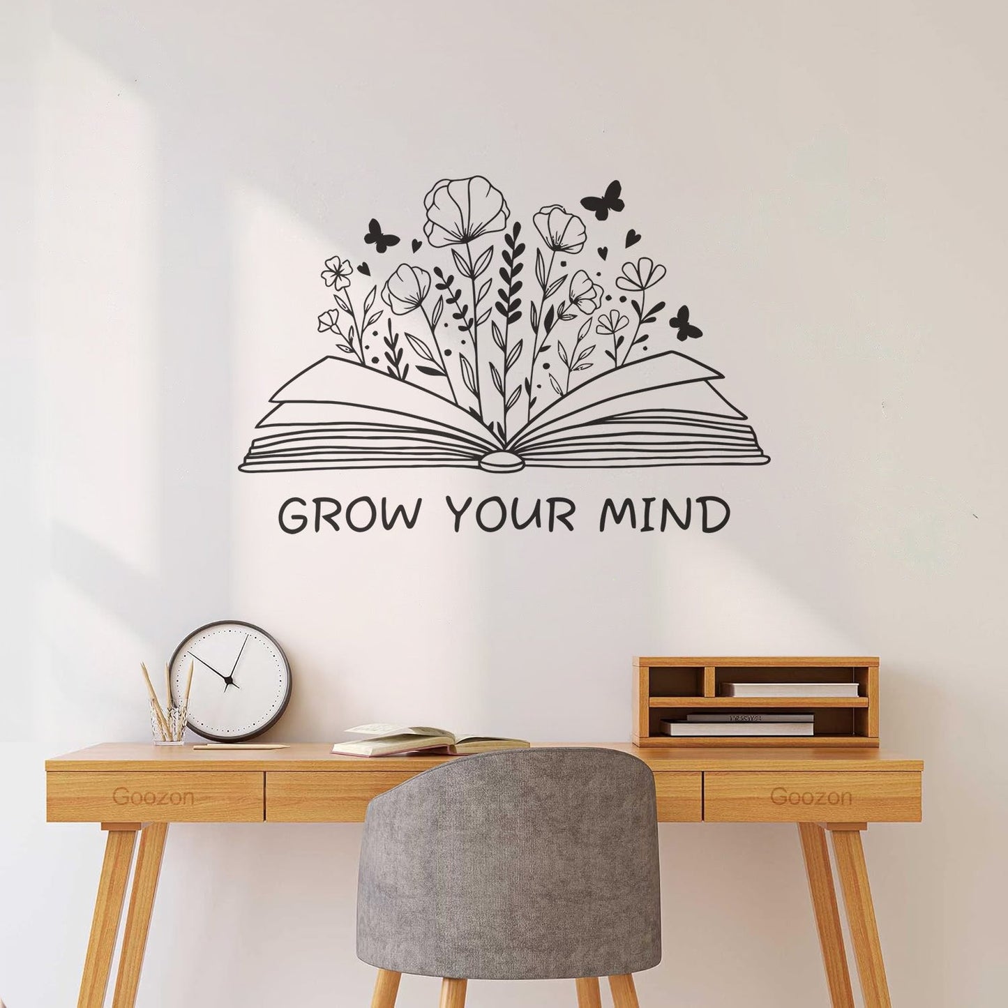 Fine Carving Decals Grow Your Mind Library Slogan Open Book Flowers Wall Beautification