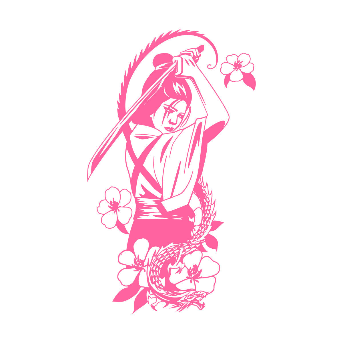 Japanese Geisha With Catana Flowers Dragon Mural And Wall Vinyl Decal Do Not Damage The Wall Surface