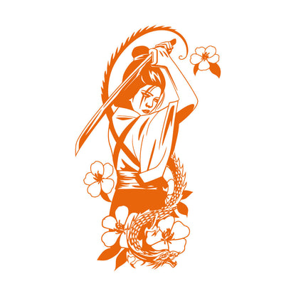 Japanese Geisha With Catana Flowers Dragon Mural And Wall Vinyl Decal Do Not Damage The Wall Surface