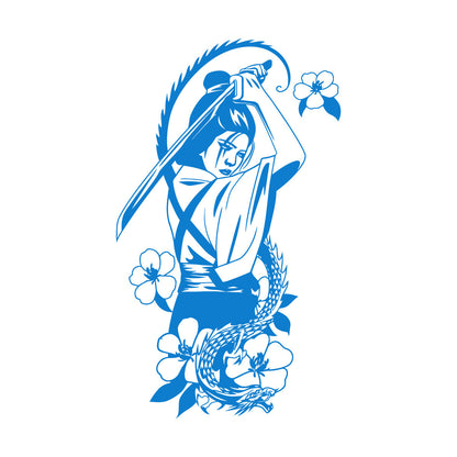 Japanese Geisha With Catana Flowers Dragon Mural And Wall Vinyl Decal Do Not Damage The Wall Surface