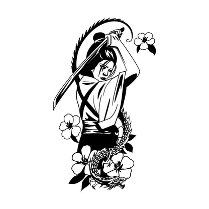 Japanese Geisha With Catana Flowers Dragon Mural And Wall Vinyl Decal Do Not Damage The Wall Surface