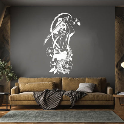 Japanese Geisha With Catana Flowers Dragon Mural And Wall Vinyl Decal Do Not Damage The Wall Surface