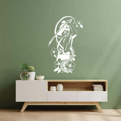 Japanese Geisha With Catana Flowers Dragon Mural And Wall Vinyl Decal Do Not Damage The Wall Surface