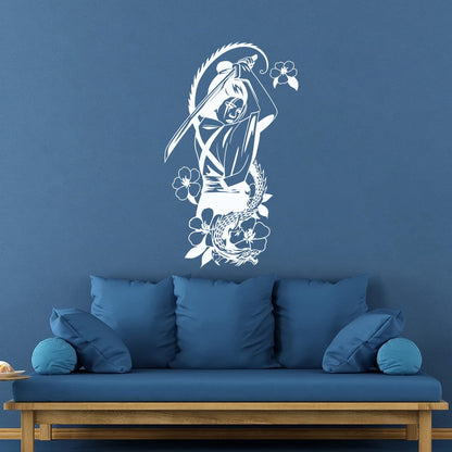 Japanese Geisha With Catana Flowers Dragon Mural And Wall Vinyl Decal Do Not Damage The Wall Surface