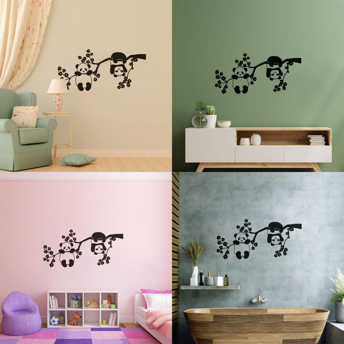 Panda Bears Cute Animals Zoo Tree Branch Flowers Wall Decals Pvc Multi Color Selection