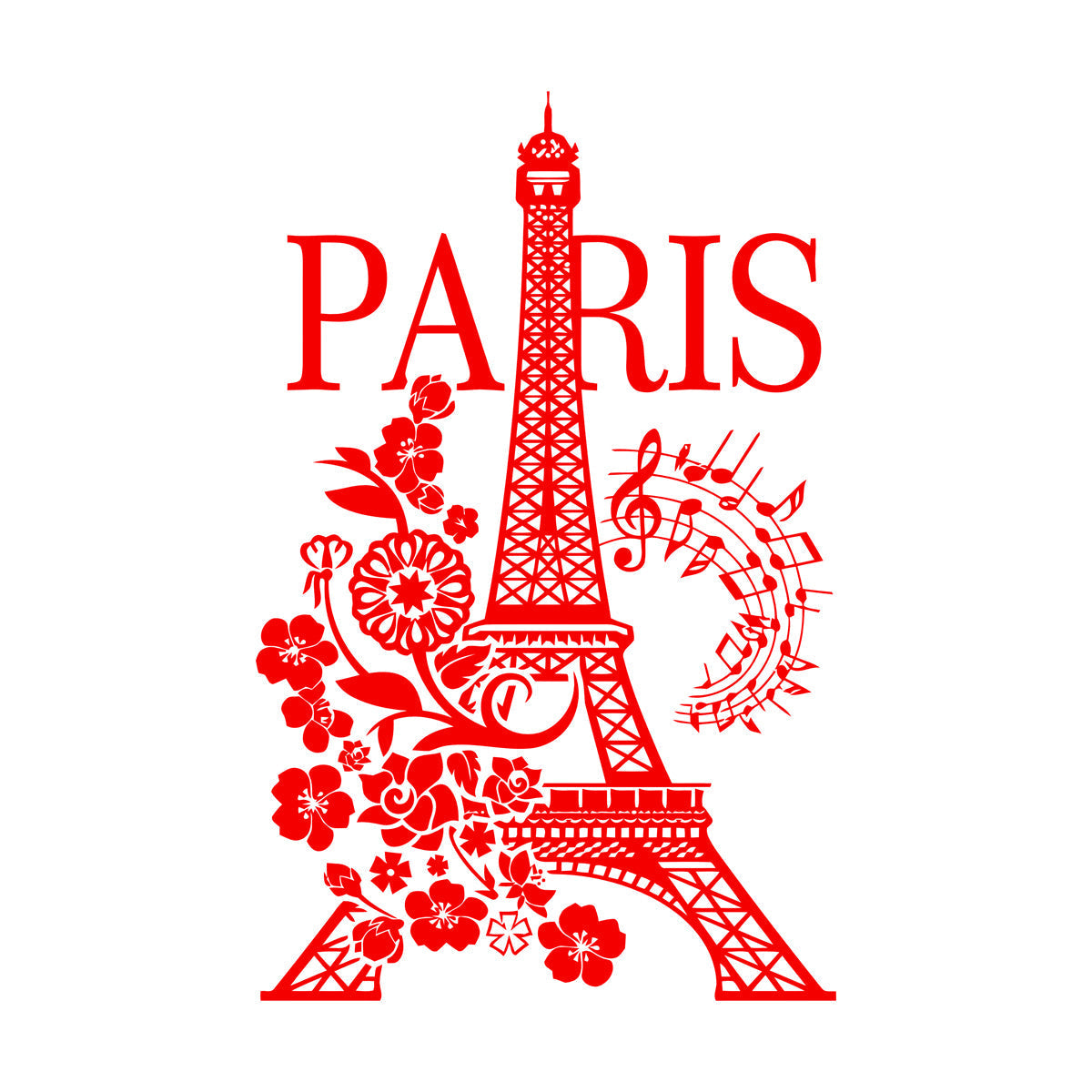 Wall Decals Paster Paper Paris Eiffel Tower Romantic Musical Notes Flowers Easy Installation