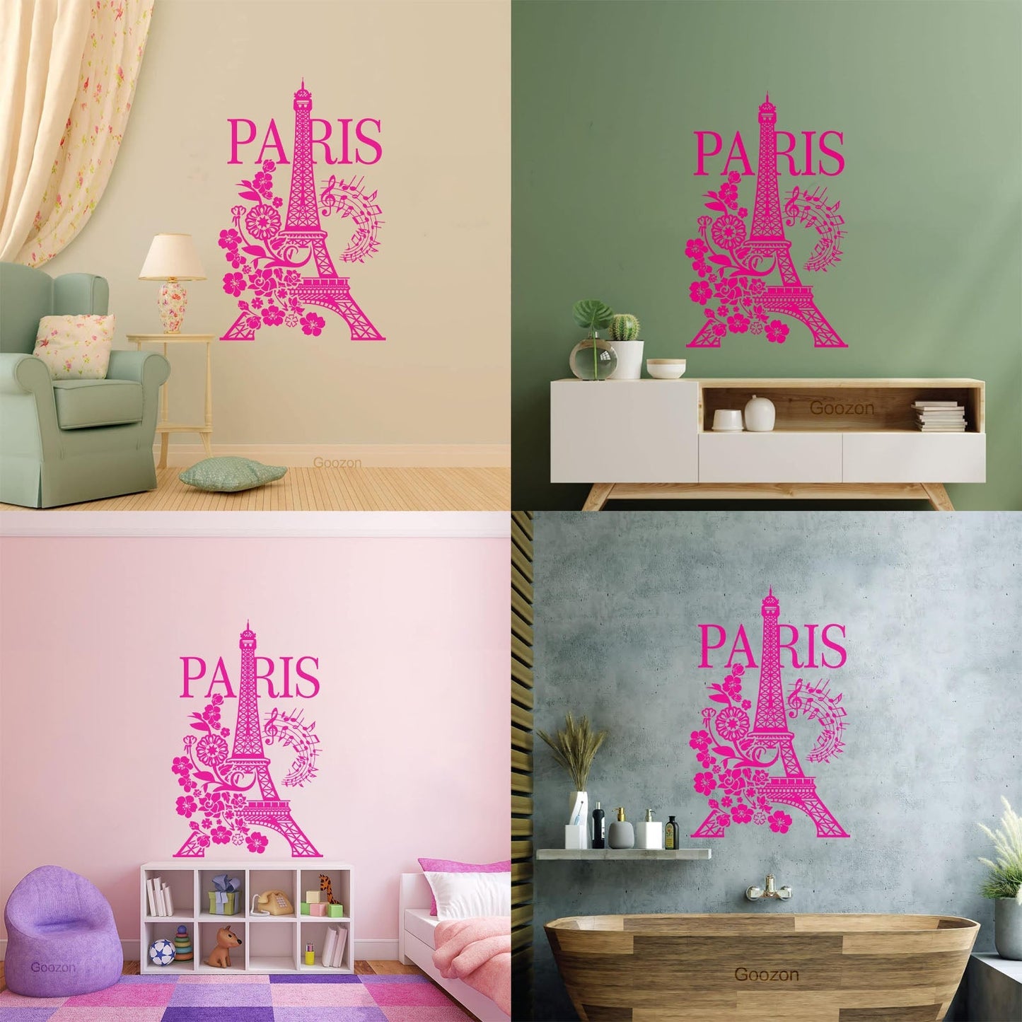 Wall Decals Paster Paper Paris Eiffel Tower Romantic Musical Notes Flowers Easy Installation