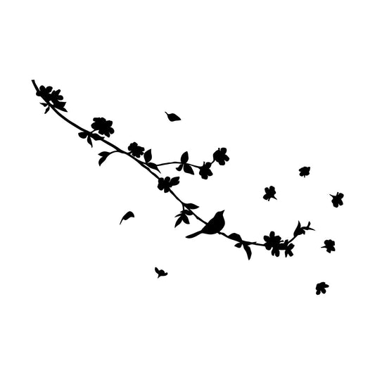 Engraving Decals Silhouette Beautiful Bird On Branch Flowers Art Mural Painting