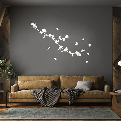 Engraving Decals Silhouette Beautiful Bird On Branch Flowers Art Mural Painting