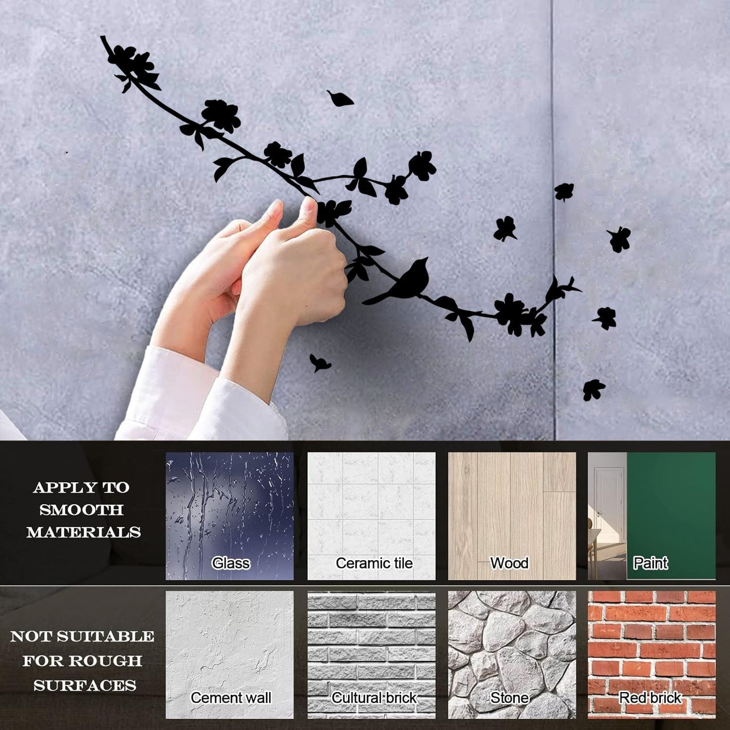 Engraving Decals Silhouette Beautiful Bird On Branch Flowers Art Mural Painting