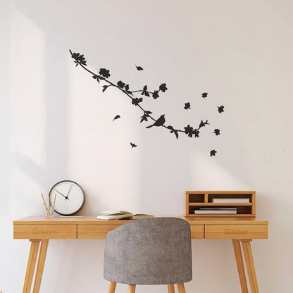 Engraving Decals Silhouette Beautiful Bird On Branch Flowers Art Mural Painting