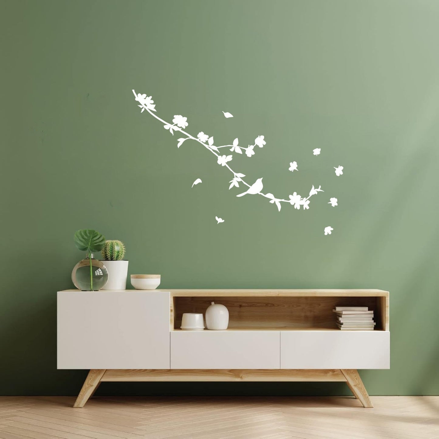 Engraving Decals Silhouette Beautiful Bird On Branch Flowers Art Mural Painting