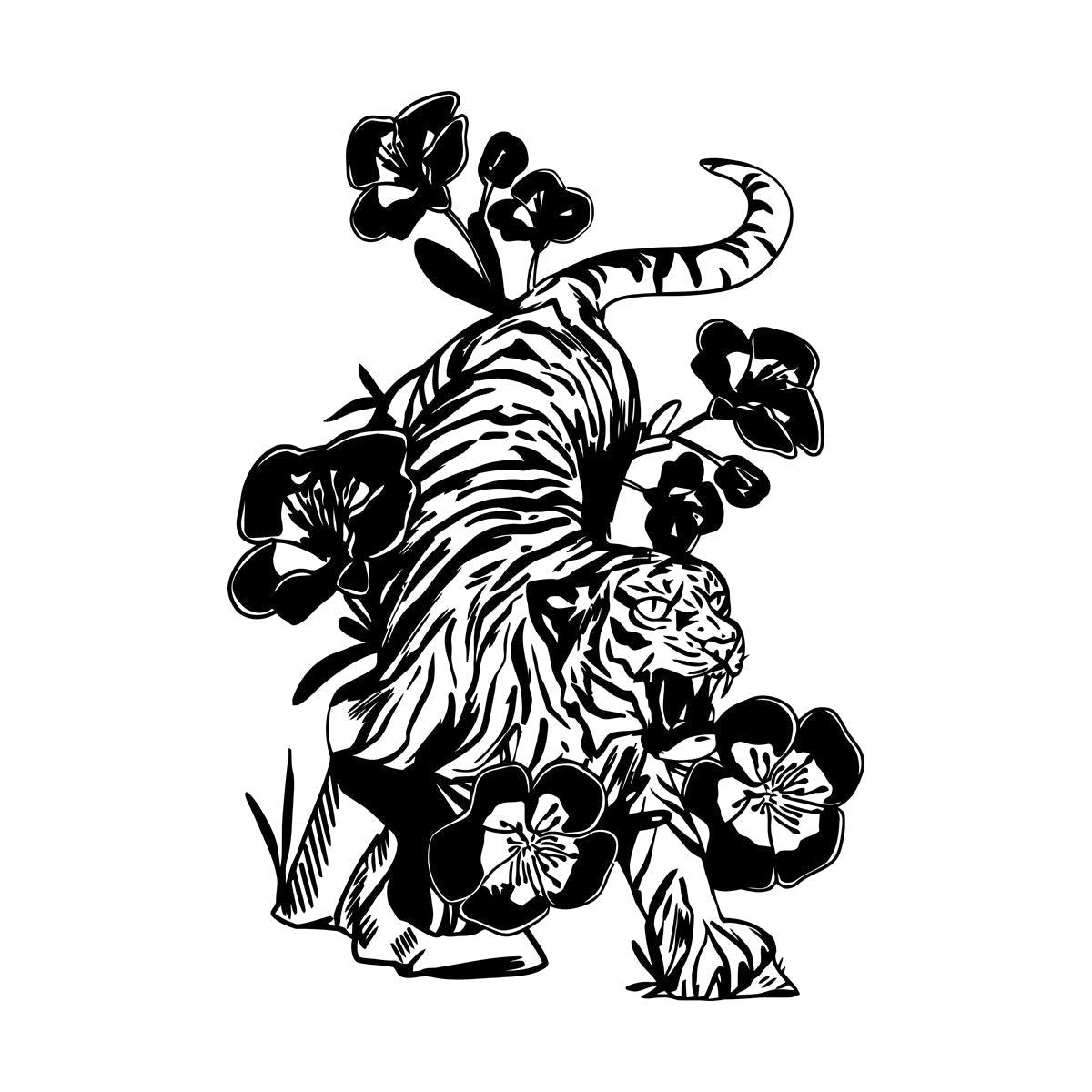 Vinyl Wall Stickers Tattoo Tiger Predator Aggressive Animal Flowers Removable Without Leaving Glue