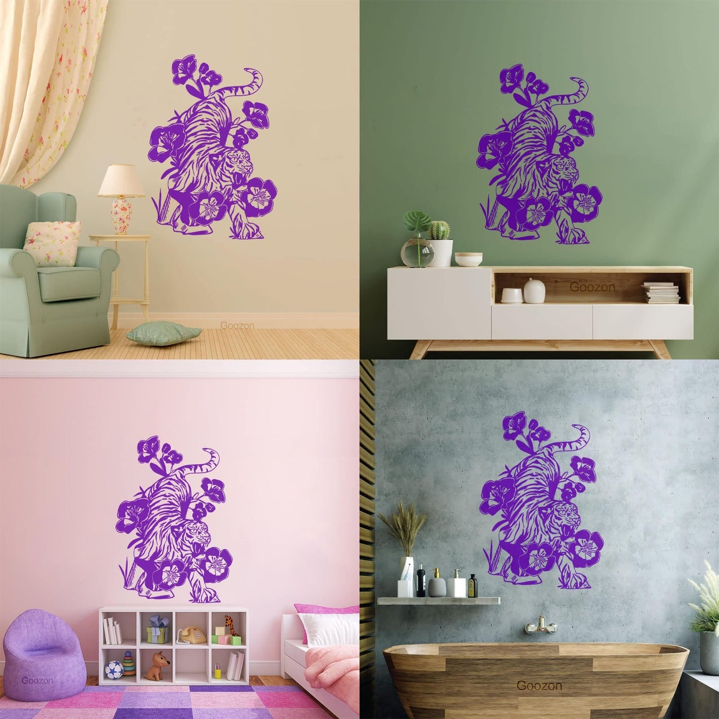 Vinyl Wall Stickers Tattoo Tiger Predator Aggressive Animal Flowers Removable Without Leaving Glue