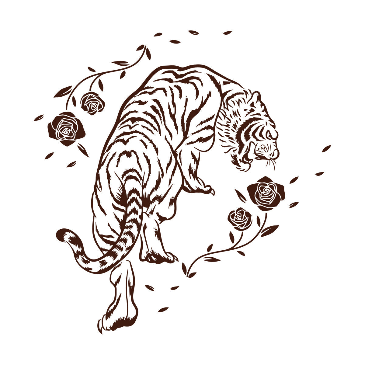 Mural And Wall Vinyl Decal Tiger Roses Flowers Wild Jungle Animals Equipped With Transfer Film Kit