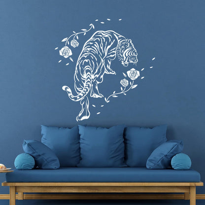 Mural And Wall Vinyl Decal Tiger Roses Flowers Wild Jungle Animals Equipped With Transfer Film Kit