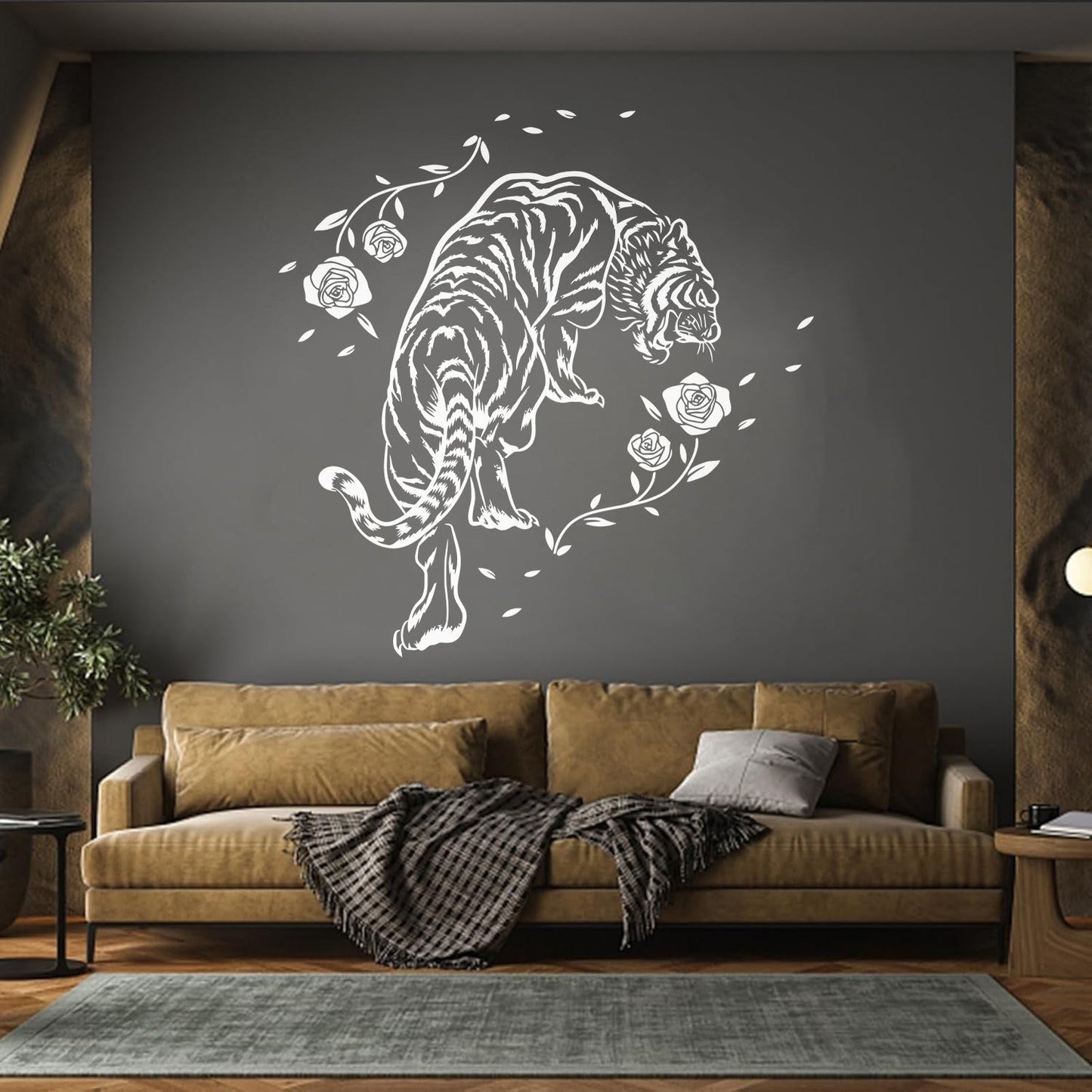 Mural And Wall Vinyl Decal Tiger Roses Flowers Wild Jungle Animals Equipped With Transfer Film Kit