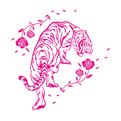 Mural And Wall Vinyl Decal Tiger Roses Flowers Wild Jungle Animals Equipped With Transfer Film Kit