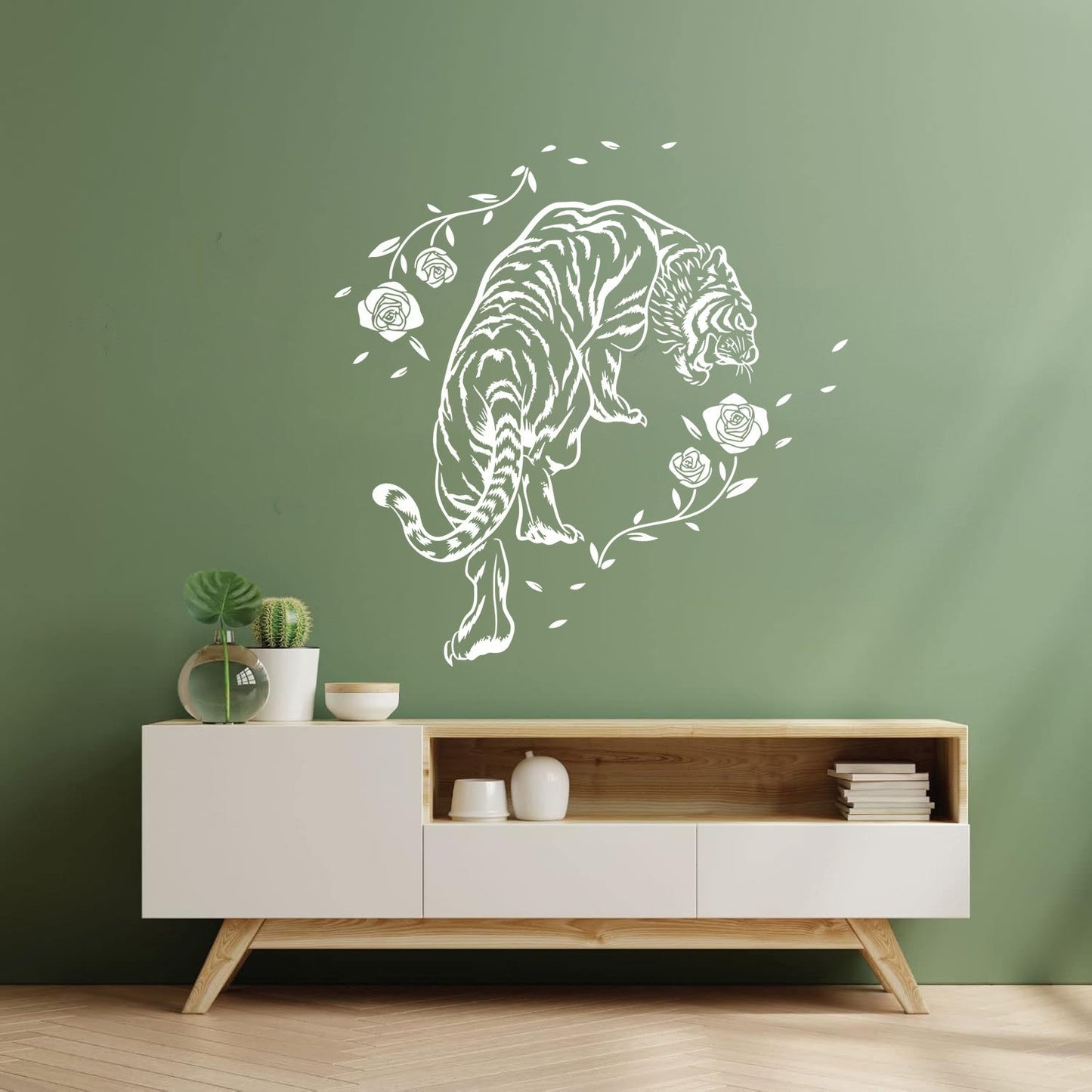 Mural And Wall Vinyl Decal Tiger Roses Flowers Wild Jungle Animals Equipped With Transfer Film Kit