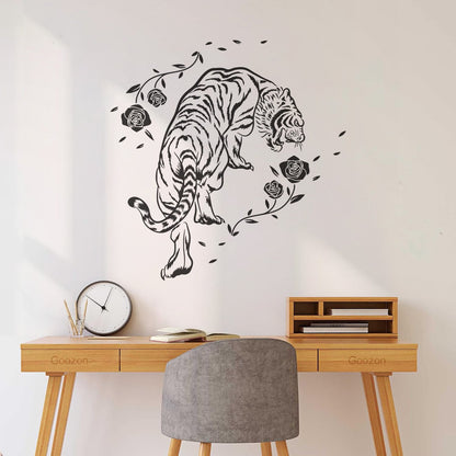 Mural And Wall Vinyl Decal Tiger Roses Flowers Wild Jungle Animals Equipped With Transfer Film Kit