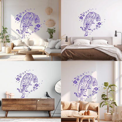 Mural And Wall Vinyl Decal Tiger Roses Flowers Wild Jungle Animals Equipped With Transfer Film Kit
