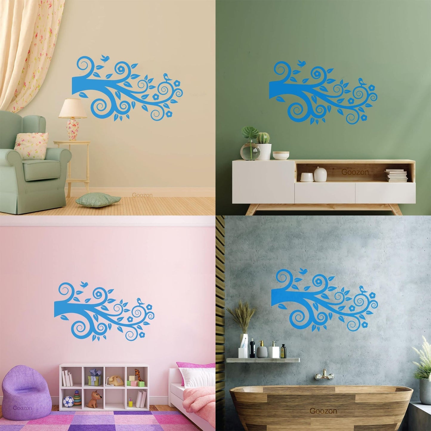 Tree Birds On Branch Flowers Romantic Wall Stickers Paster Paper Easy Installation