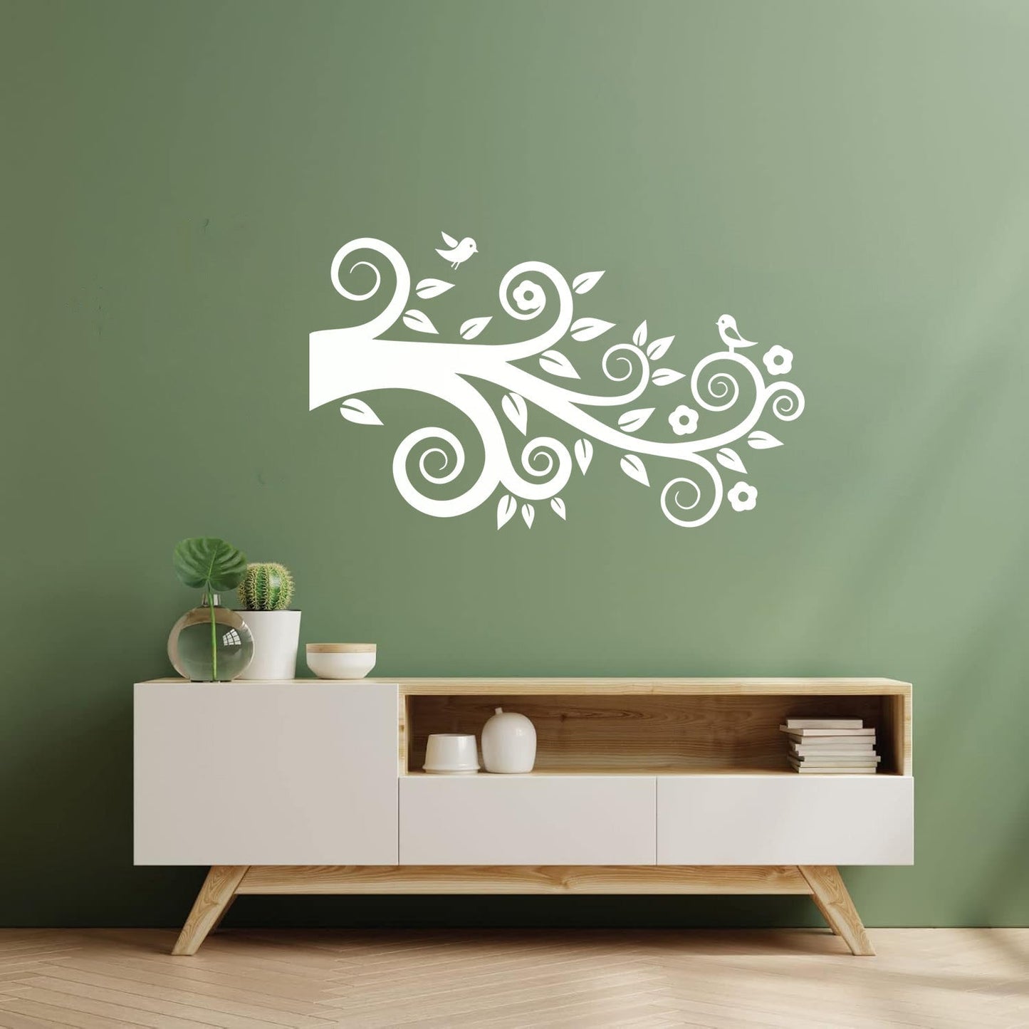 Tree Birds On Branch Flowers Romantic Wall Stickers Paster Paper Easy Installation