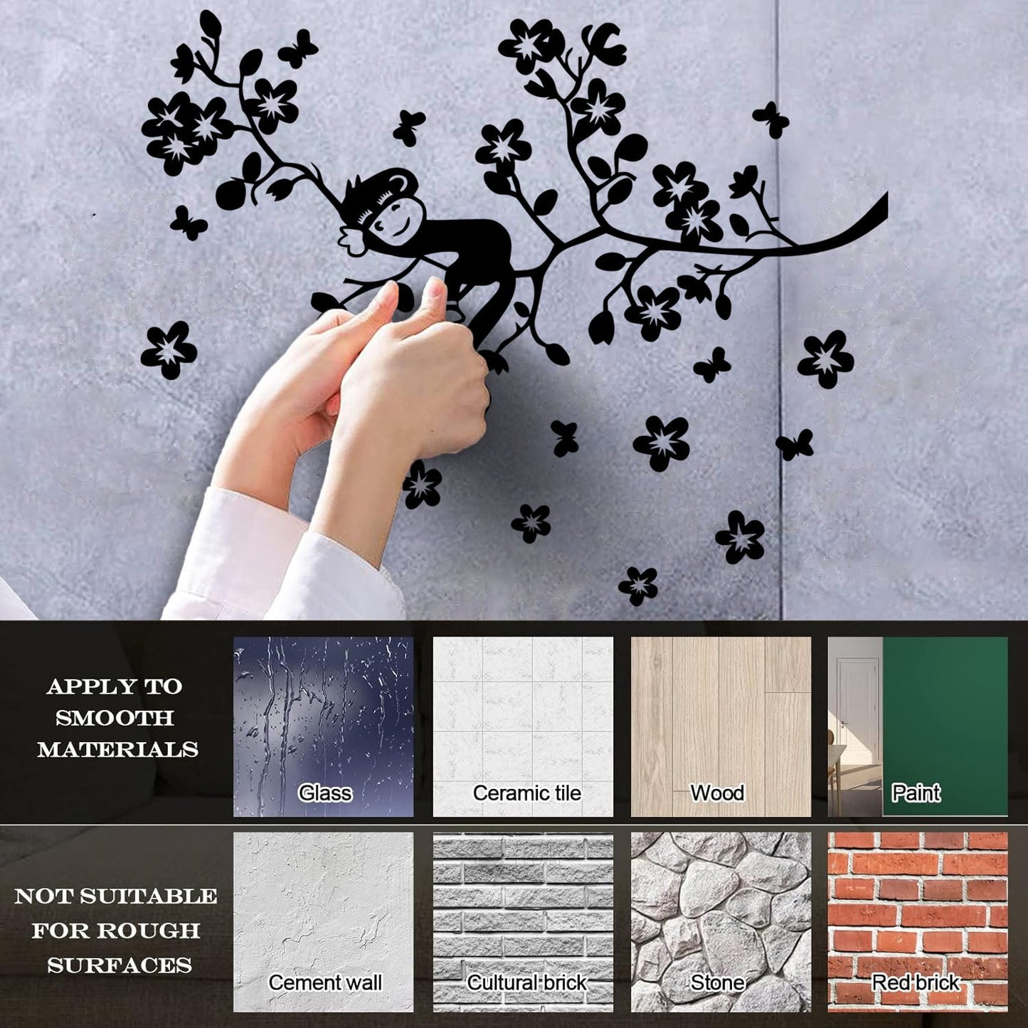 Fine Carving Stickers Tree Branch Monkey Sleep Zoo Animals Flowers Multiple Size Options