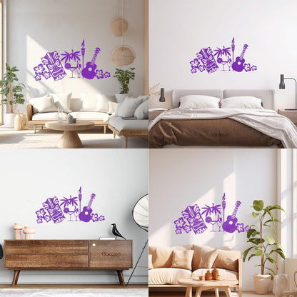 Wall Stickers Tropical Beach Style Guitar Mask Flowers Waterproof