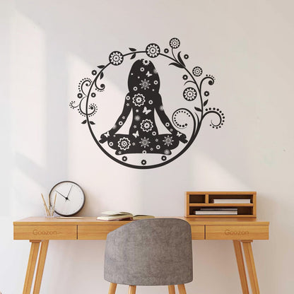 Yoga Center Lotus Pose Woman Flowers Wall Vinyl Sticker Decor Multi Color Selection
