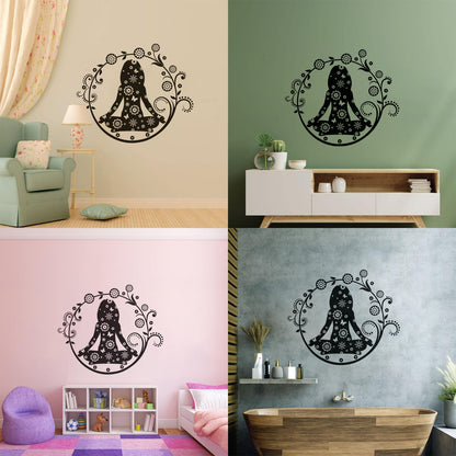 Yoga Center Lotus Pose Woman Flowers Wall Vinyl Sticker Decor Multi Color Selection