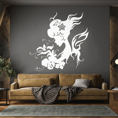Wall Vinyl Sticker Decor Silhouette Beautiful Woman Butterfly Flowers Wall Beautification