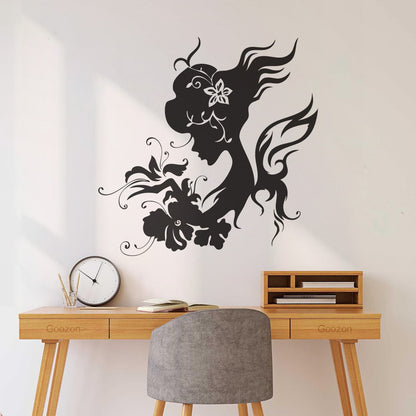 Wall Vinyl Sticker Decor Silhouette Beautiful Woman Butterfly Flowers Wall Beautification