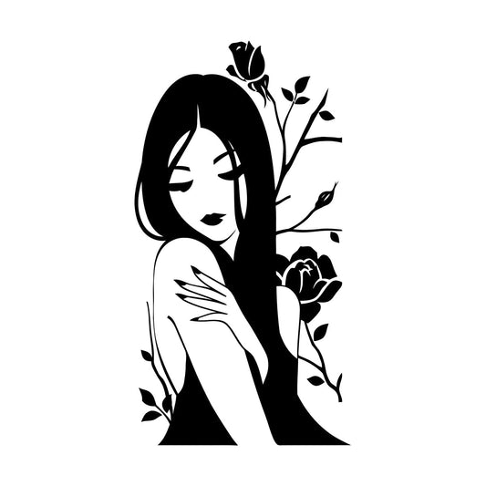 Lettering Decals Girl Oriental Woman Flower Removable Without Leaving Glue