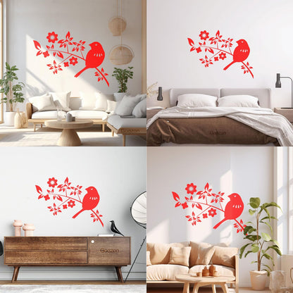 Bird Branch Natural Flowers Leaves Wall Decals Pvc Self Adhesive