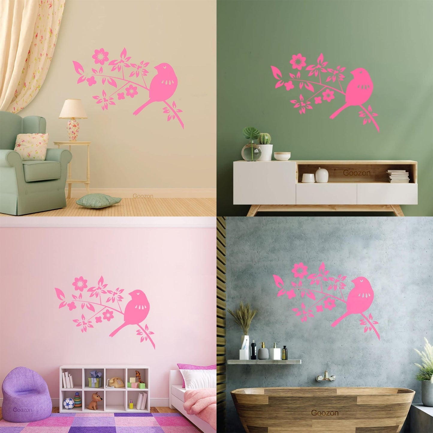 Bird Branch Natural Flowers Leaves Wall Decals Pvc Self Adhesive