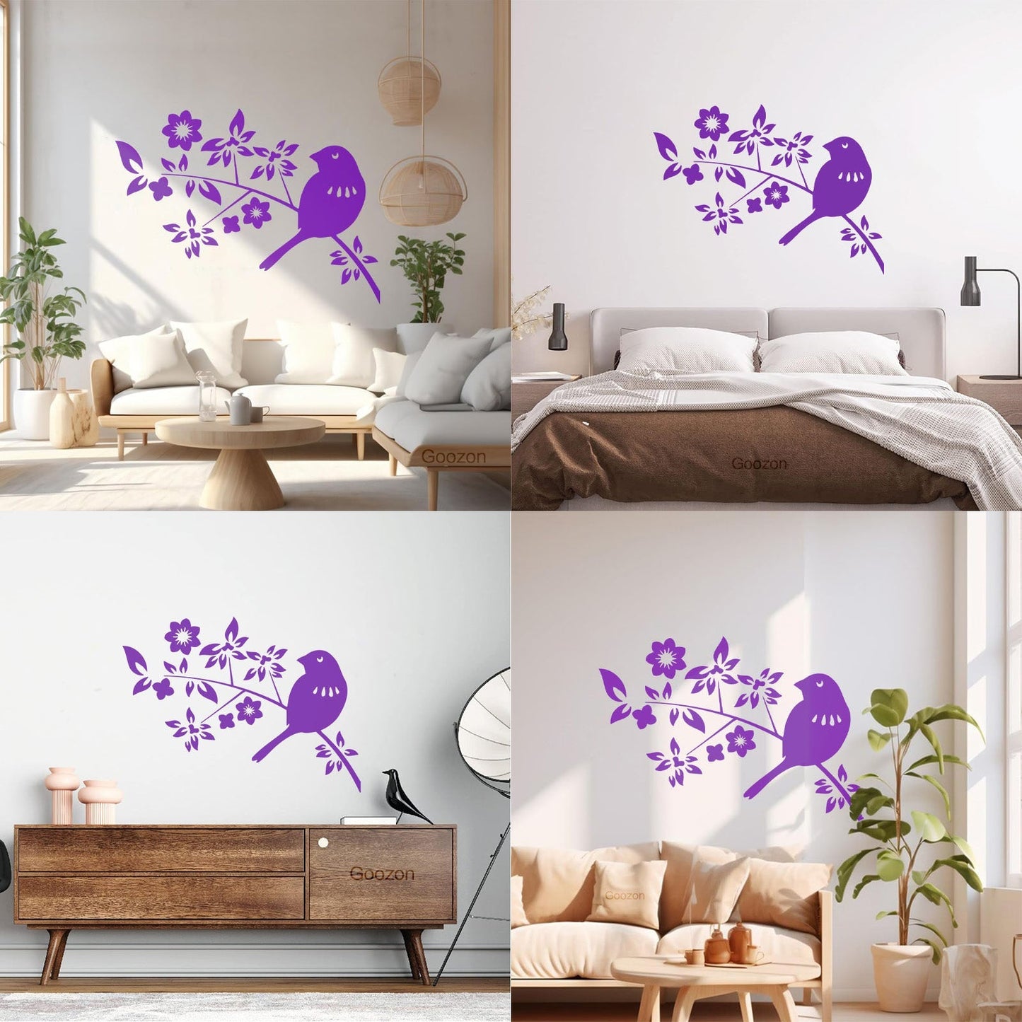 Bird Branch Natural Flowers Leaves Wall Decals Pvc Self Adhesive