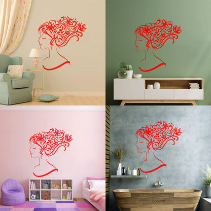 Wall Stickers Woman Abstract Hair Salon Stylist Flower Art Decoration