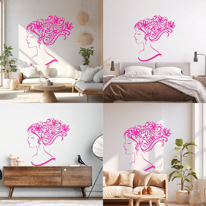 Wall Stickers Woman Abstract Hair Salon Stylist Flower Art Decoration