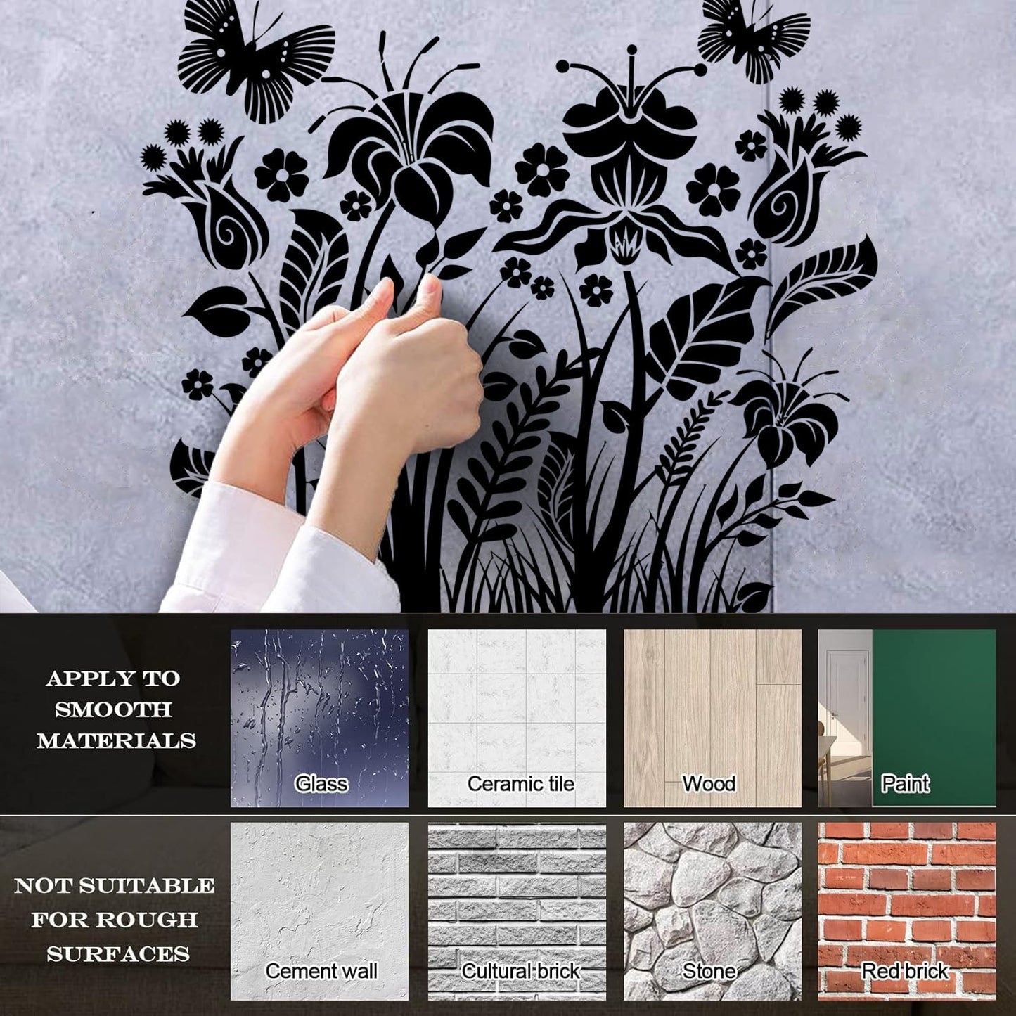 Engraving Decals Plants Flowers Ornament With Butterfly Self Adhesive