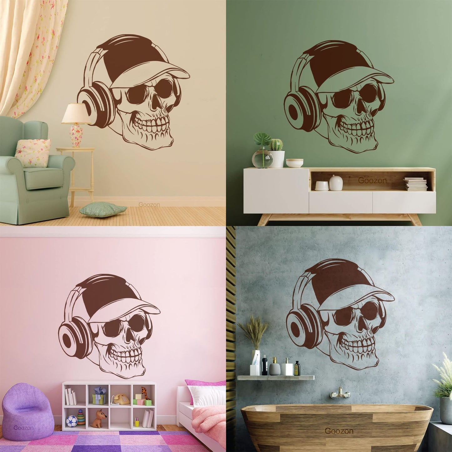 Wall Vinyl Sticker Decor Baseball Cap Skull Bones Headphones Teenager Can Modify And Add Information