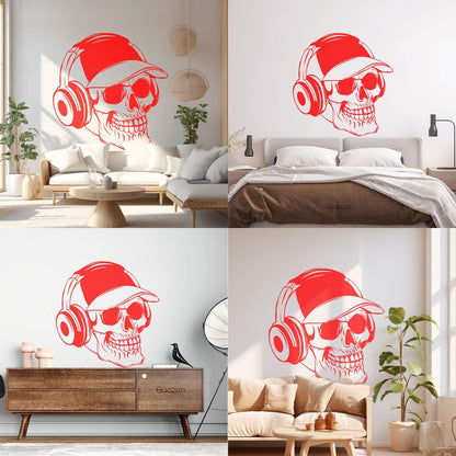 Wall Vinyl Sticker Decor Baseball Cap Skull Bones Headphones Teenager Can Modify And Add Information