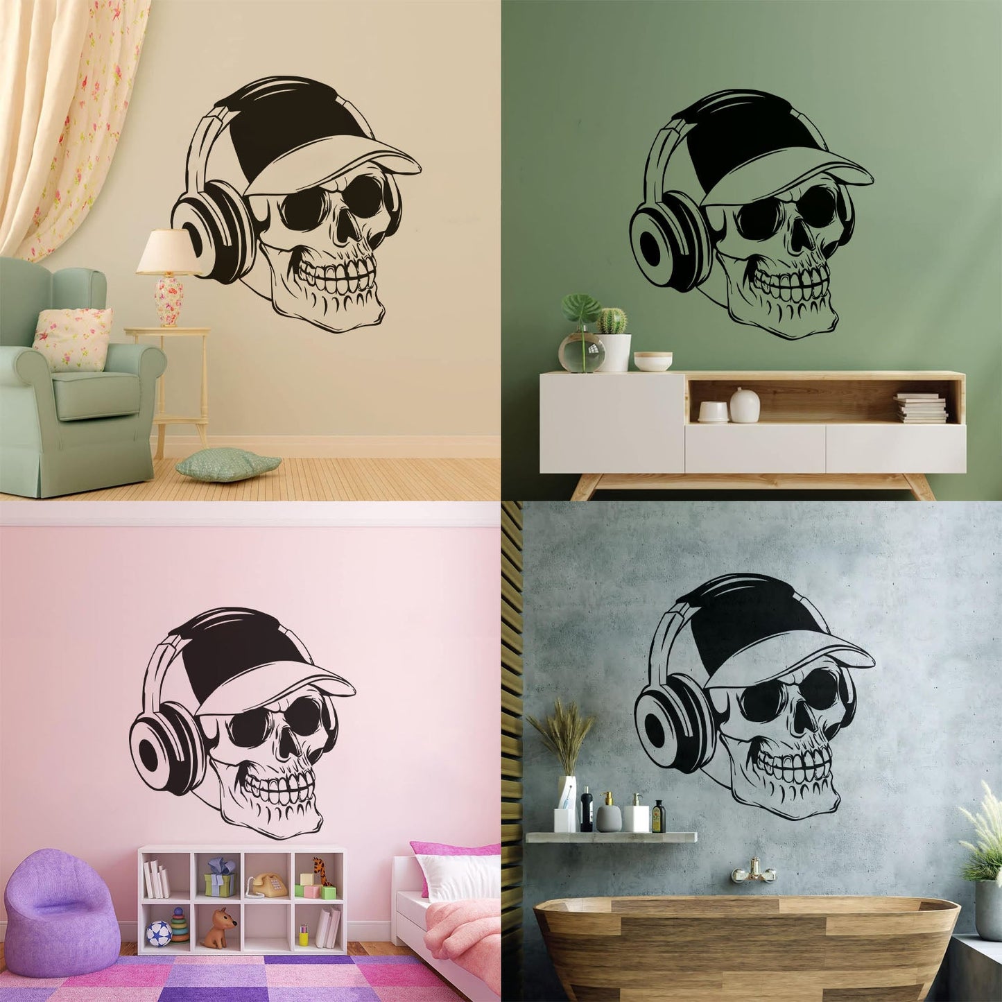 Wall Vinyl Sticker Decor Baseball Cap Skull Bones Headphones Teenager Can Modify And Add Information
