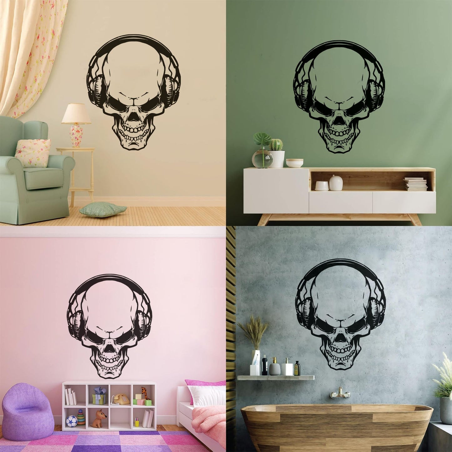 Fine Carving Stickers Music Skull Headphones Boys Teen Game Room Easy Installation