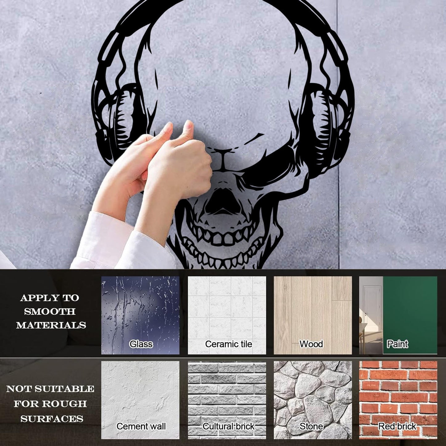Fine Carving Stickers Music Skull Headphones Boys Teen Game Room Easy Installation