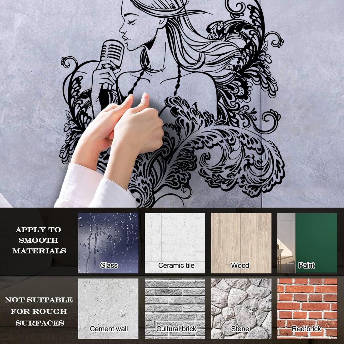 Wall Decals Paster Paper Singer Microphone Karaoke Girl Woman Music Patterns Art Decoration